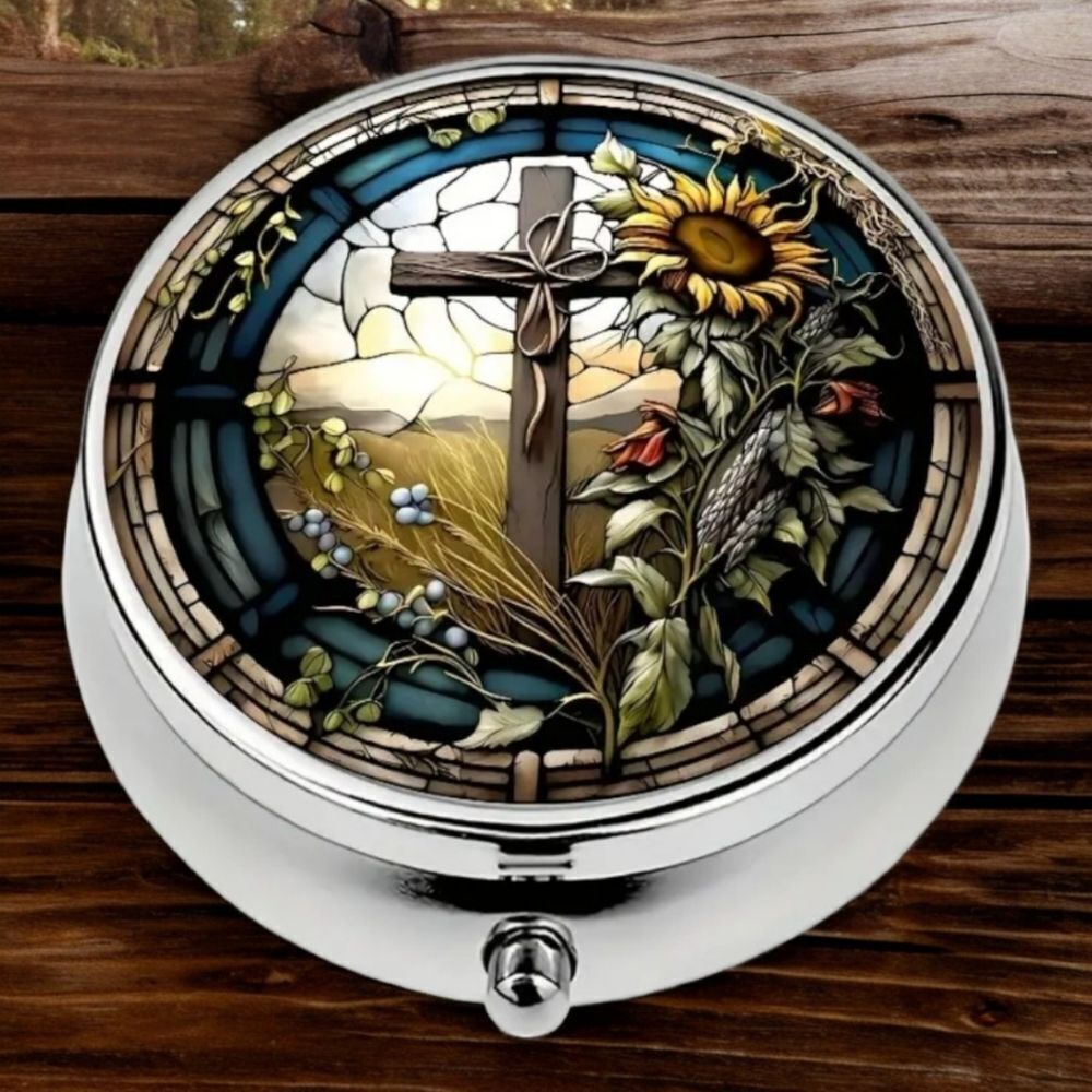 Sunflower Cross Pill Box Stained Glass Mosaic Travel Case Medicine Organizer Tin